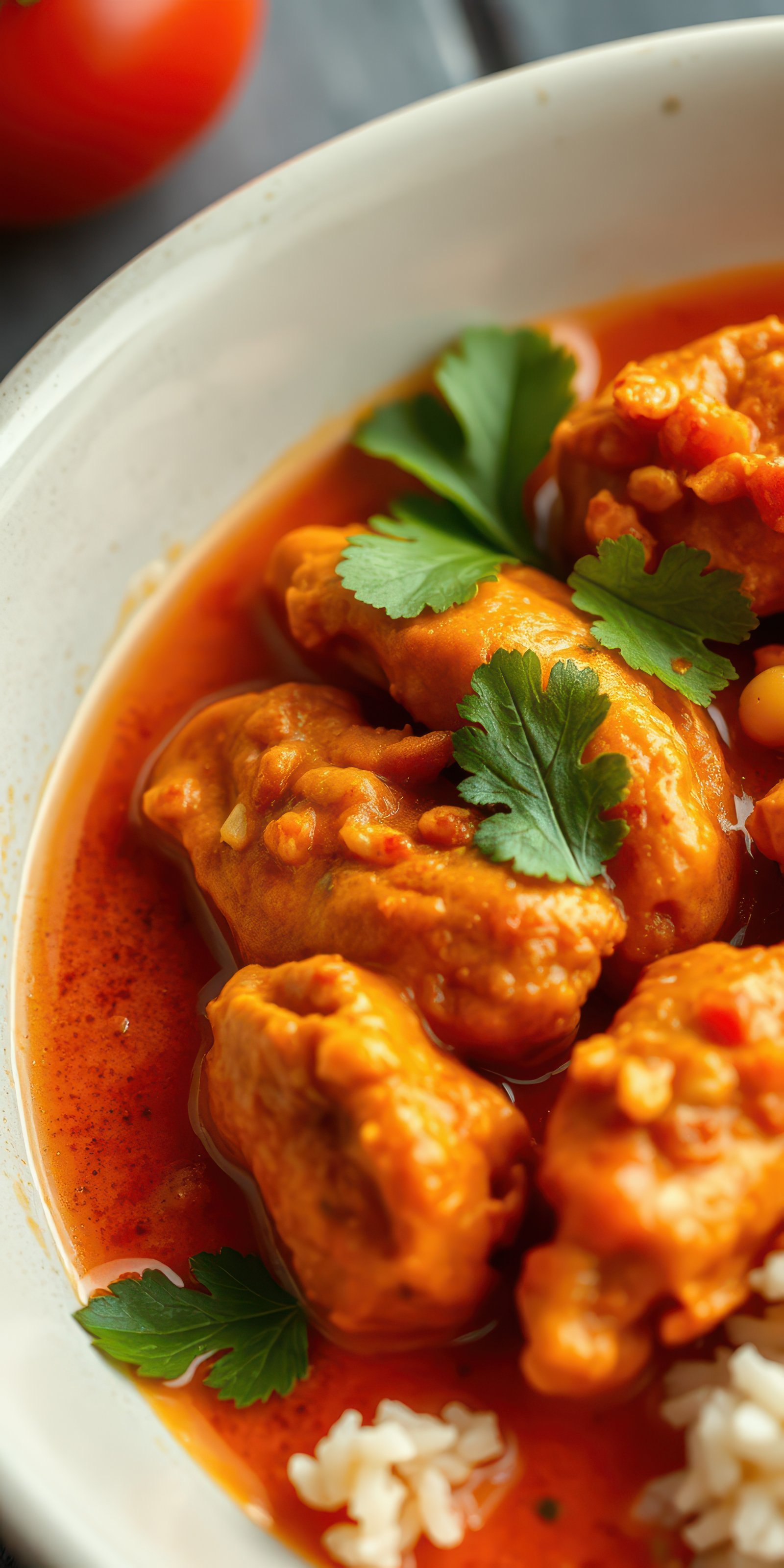Spicy chicken curry served with rice garnished with fresh cilantro on a dark background